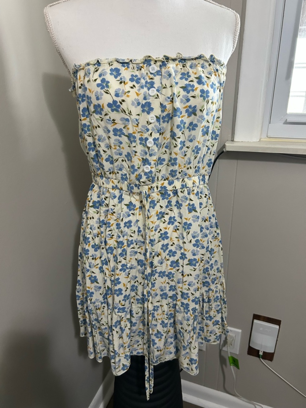 Floral Strapless Blue and Cream Summer Dress